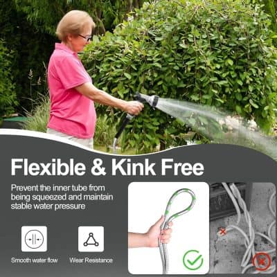 Flexible garden hose nozzle with water spray, garden watering equipment, suitable for outdoor gardening and plant care.