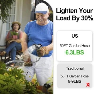 Lightweight garden hose with expandable design, 50 ft length, 6.3 lbs weight, ideal for outdoor watering, easy to use and store, perfect for gardening enthusiasts.