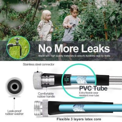 Stainless steel water connector for leak-proof garden hoses, durable PVC tube with flexible inner layer, high-quality rubber handle for easy use, designed to prevent leaks and ensure long-lasting performance.