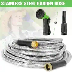 Flexible stainless steel garden hose with spray nozzle and adjustable spray head, ideal for watering gardens and outdoor cleaning. Durable, lightweight, and corrosion-resistant.