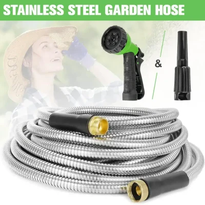 Flexible stainless steel garden hose with spray nozzle and adjustable spray head, ideal for watering gardens and outdoor cleaning. Durable, lightweight, and corrosion-resistant.