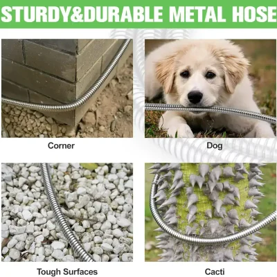 High quality stainless steel metal hose for corner, dog, tough surfaces, and cacti applications, durable and flexible for outdoor and garden use.