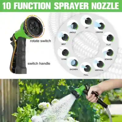 Spray nozzle with multiple function settings for garden watering and cleaning, including mist, cone, shower, jet, and vertical settings for versatile outdoor use.