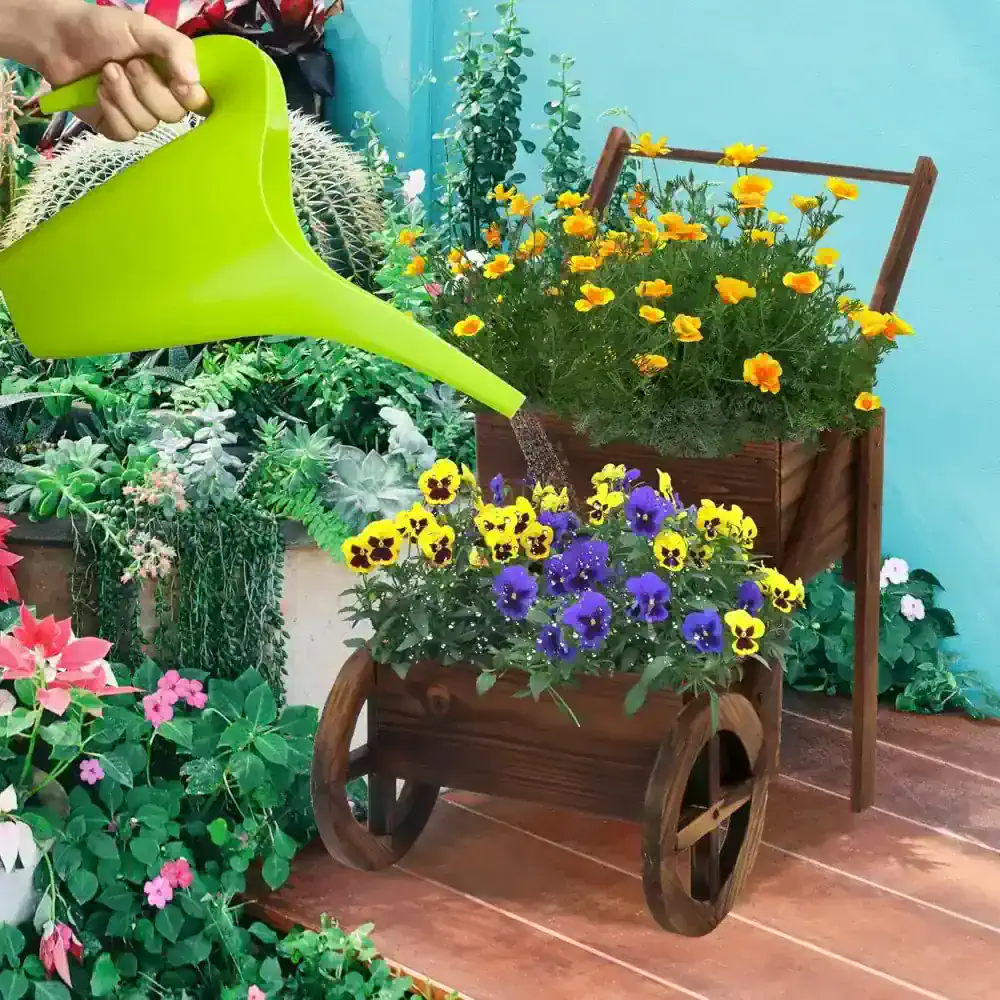 Watering plants with green watering can in a lush garden filled with colorful flowers and succulents, illustrating garden care and plant maintenance at Monalisa Store.
