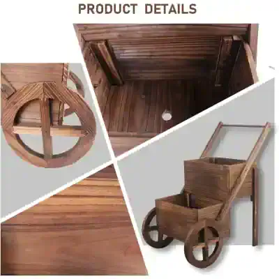 Storage cart made of natural wood with large wheels, ideal for plant nursery or garden use.