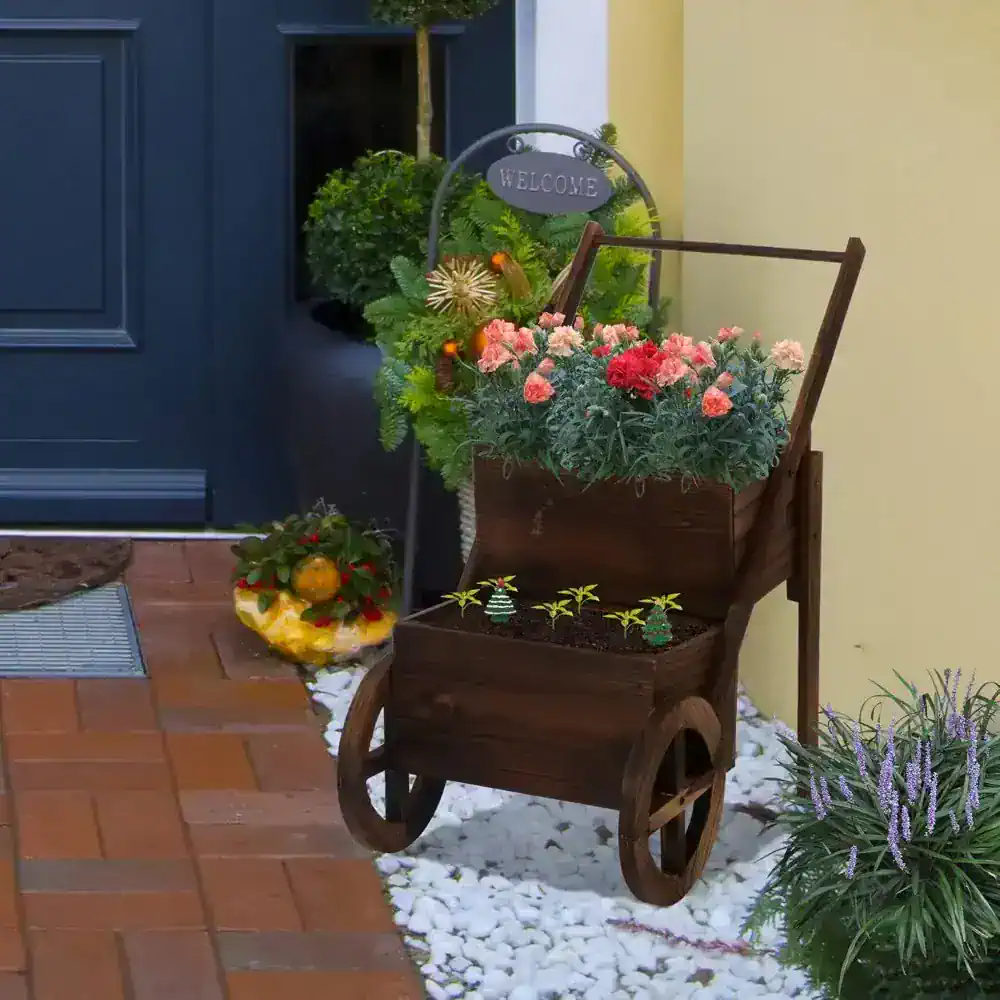 Colorful flower cart with blooming flowers outside Monalisa Medical store entrance.