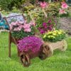 Colorful flower arrangements in wooden carts on a lush garden lawn, perfect for enhancing outdoor spaces and adding vibrant color with seasonal blooms. Ideal for garden decor and floral displays.