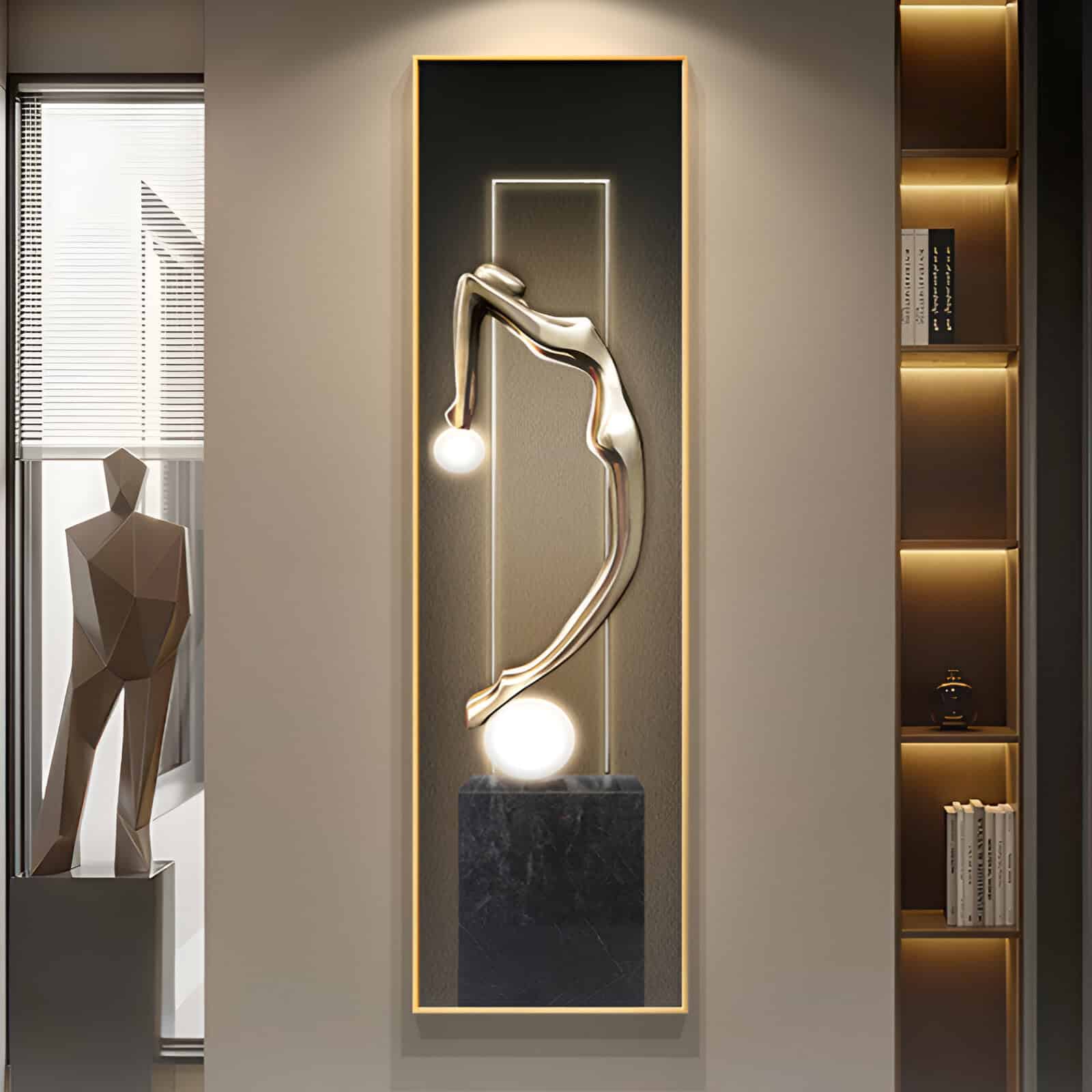 Contemporary modern interior wall art sculpture with glowing orbs, gold accents, and sleek design, part of Monalisa Store's stylish decor for luxury eyewear and optometry clinics.