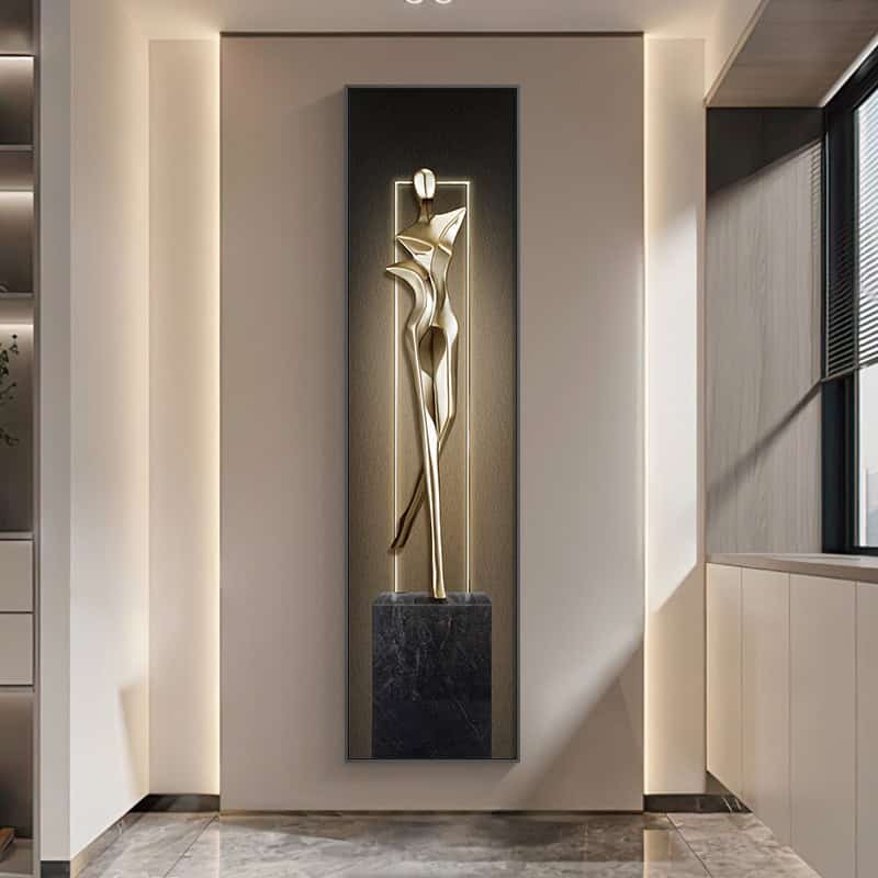 Sleek modern abstract art sculpture displayed on a wall at Monalisa Store, emphasizing sophisticated interior decor for optical retail spaces.