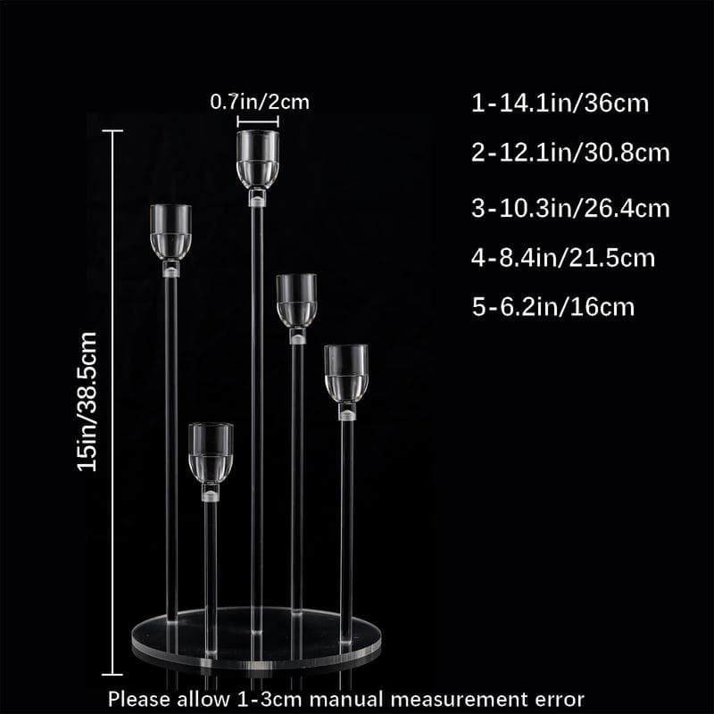 Elevated photo of a modern glass candle holder set with 5 different heights on a black background, showcasing elegant crystal design for home decor or special occasions.