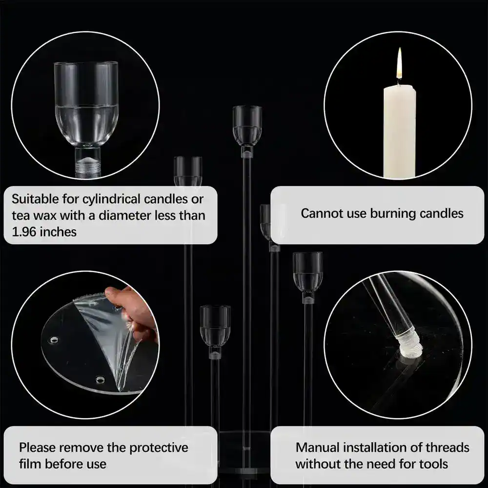 Silicone adhesive for candle or tea wax holders, suitable for small diameter candles under 1.96 inches, with easy peel-off protective film, manual thread installation, and safety instructions for proper use.