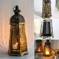 Ornate Moroccan-style metallic lantern with intricate cutout patterns perfect for home decor and ambient lighting.