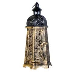 Intricately designed vintage lantern with black metal top and wooden base, ideal for decorative lighting. Perfect for enhancing traditional or rustic interiors at Monalisa Medical Store.