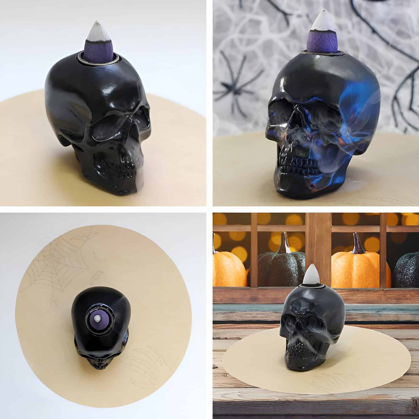 Black skull-shaped wax warmer with purple flame top, Halloween-themed decorative candle holder, perfect for spooky home decor and Halloween parties.
