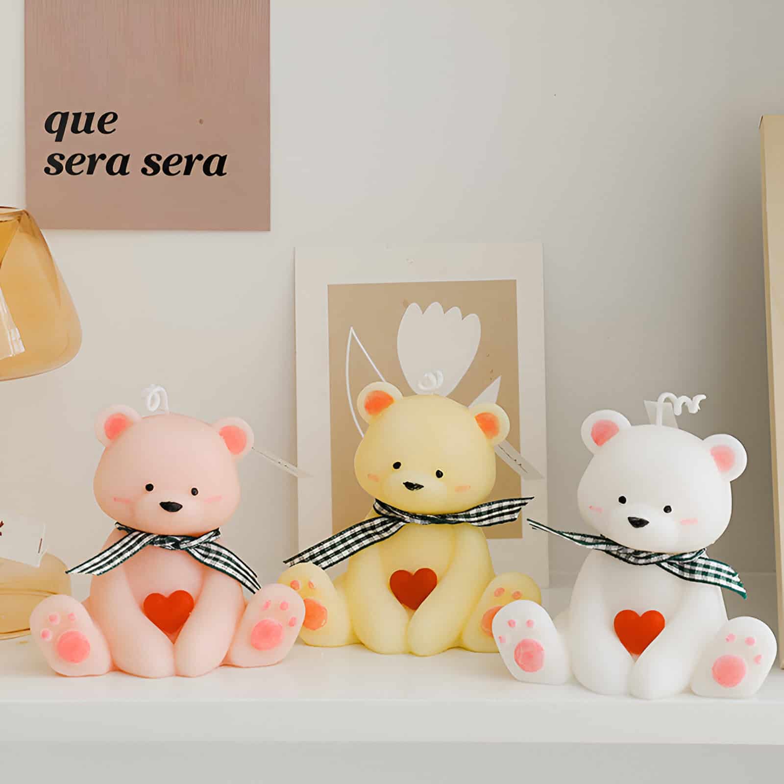 Brightly lit plush bear and rabbit toys with heart-shaped cutouts and checkered scarves, displayed at Monalisa Store in a cozy, stylish setting with decorative wall art, perfect for gift-giving and home decor.