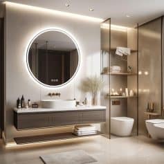 Luxury modern bathroom interior with LED-lit round mirror, floating vanity with sink, stylish shelving, and elegant decor, ideal for contemporary home or spa decor design.