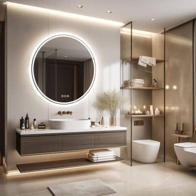 Luxury modern bathroom interior with LED-lit round mirror, floating vanity with sink, stylish shelving, and elegant decor, ideal for contemporary home or spa decor design.