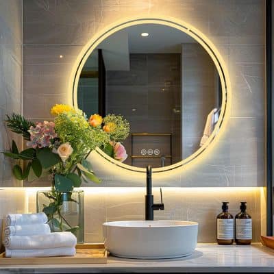 Luxury salon bathroom with modern round mirror, illuminated LED lighting, elegant vanity with fresh flower arrangement, rolled towels, and premium skincare bottles, stylish and relaxing spa environment.