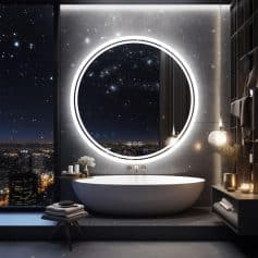 Luxurious modern bathroom with city skyline view, freestanding bathtub, illuminated round mirror, elegant decor, and night sky window, perfect for a relaxing and upscale spa experience.