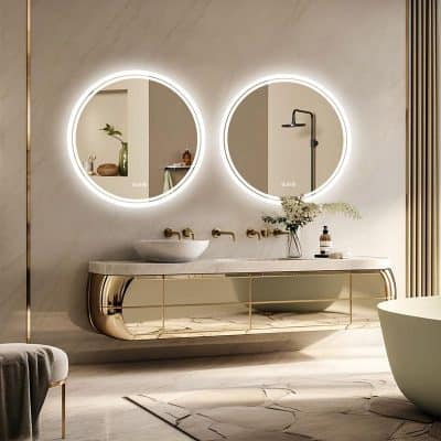 Luxury bathroom with illuminated round mirrors and modern sink vanity for stylish home decor.