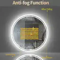 Clear anti-fog mirror with LED lighting, demonstrating before and after defog process, suitable for bathroom and dressing room use to maintain visibility.