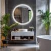 Modern bathroom with illuminated round mirror, minimalist white vanity, green plants, and freestanding bathtub showcasing upscale interior design for luxury wellness space.