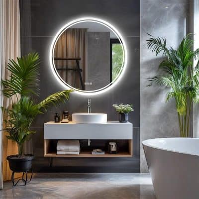Modern bathroom with illuminated round mirror, minimalist white vanity, green plants, and freestanding bathtub showcasing upscale interior design for luxury wellness space.