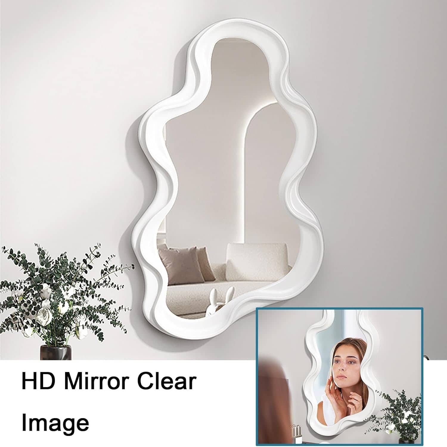 Elegant white wavy frame mirror perfect for optometry clinics or beauty salons, providing clear reflection for eye and facial exams, stylish decor for Monalisa Store.