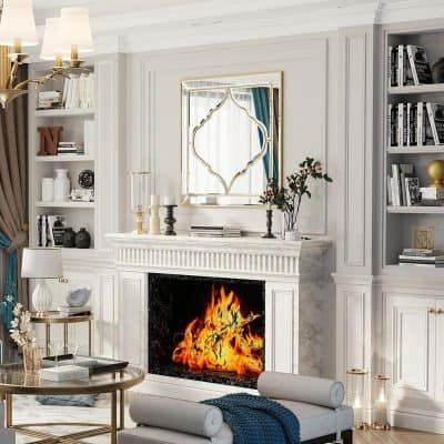 Luxurious living room with white paneled walls, elegant built-in bookshelves, a marble fireplace with a glowing fire, and sophisticated decor including mirrors, vases, and candles.