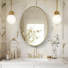 Elegant bathroom vanity with gold fixtures, marble countertops, and a stylish oval mirror creating a luxurious and serene spa-like atmosphere for premium optometry and aesthetic services.