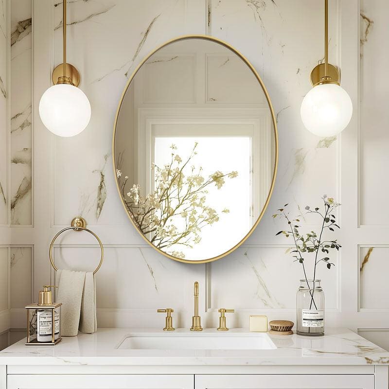 Elegant bathroom vanity with gold fixtures, marble countertops, and a stylish oval mirror creating a luxurious and serene spa-like atmosphere for premium optometry and aesthetic services.