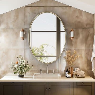 Luxurious bathroom vanity with modern mirror and elegant decor, showcasing high-end interior design, perfect for a professional optometry store ambiance.