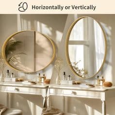 Elegant oval mirrors with gold framing displayed above a white vanity table, featuring skincare products and decorative items, creating a luxurious and calming aesthetic for a beauty or medical spa.
