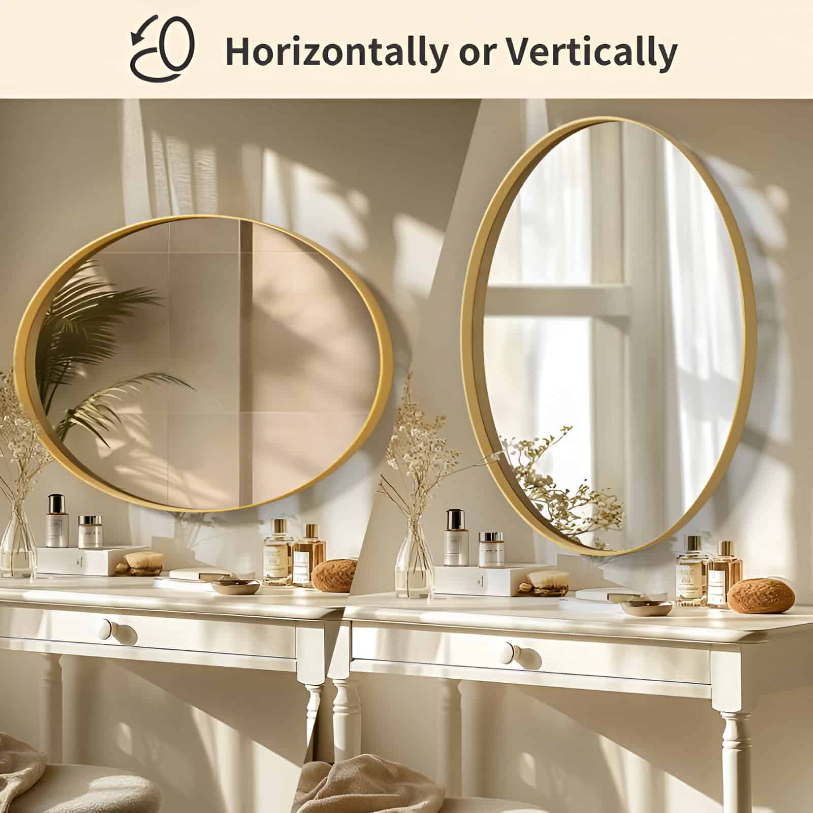 Elegant oval mirrors with gold framing displayed above a white vanity table, featuring skincare products and decorative items, creating a luxurious and calming aesthetic for a beauty or medical spa.