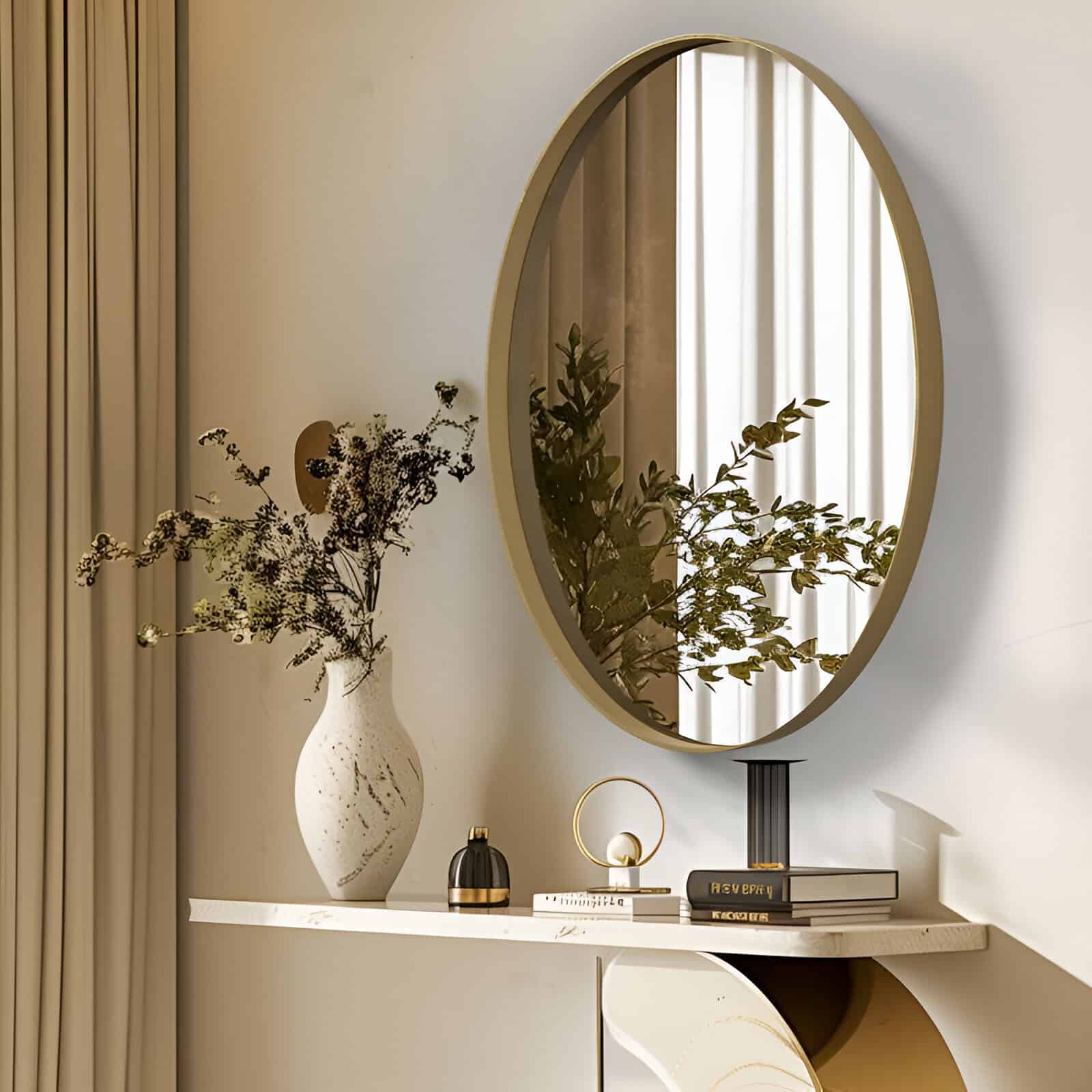 Elegant interior decor featuring a large oval mirror, decorative vases with dried flowers, and stylish accessories on a sleek white console table, creating a luxurious and modern ambiance for Monalisa Store.