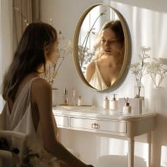 Elegant woman looking at her reflection in a modern vanity mirror, surrounded by skincare and beauty products, highlighting a luxurious and relaxing beauty routine at Monalisa Store.