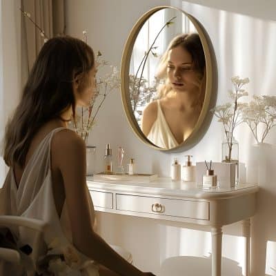Elegant woman looking at her reflection in a modern vanity mirror, surrounded by skincare and beauty products, highlighting a luxurious and relaxing beauty routine at Monalisa Store.