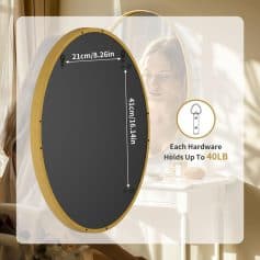 Shatterproof oval mirror with gold frame, 21cm x 41cm, wall-mounted for vanity and makeup, sturdy hardware supports up to 40lb, ideal for modern opt aesthetic, Monalisa Store design.