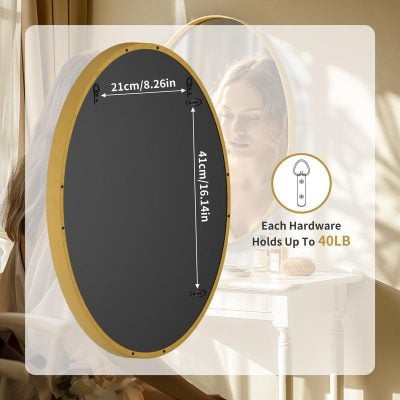 Shatterproof oval mirror with gold frame, 21cm x 41cm, wall-mounted for vanity and makeup, sturdy hardware supports up to 40lb, ideal for modern opt aesthetic, Monalisa Store design.