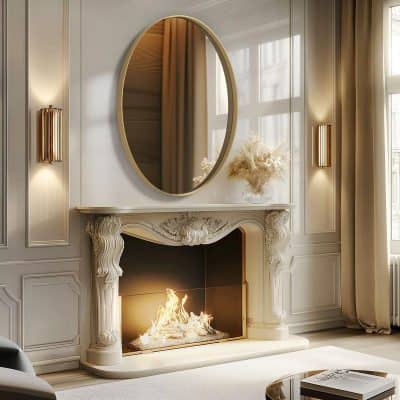 Luxury living room with ornate fireplace, oval mirror, beige curtains, and gold wall sconces, elegant interior design for sophisticated home decor, Monalisa Store.