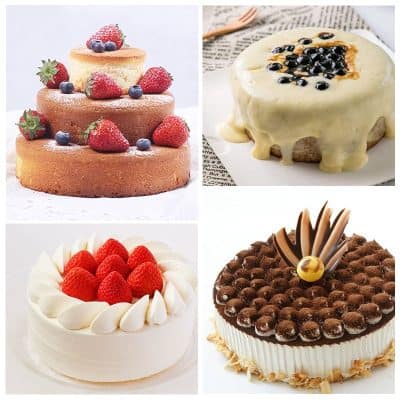 Delicious assorted layer cakes with fresh fruit and chocolate toppings at Monalisa Store opt bakery desserts.