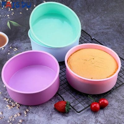 Silicone cake molds in pastel colors for baking and dessert decorating.