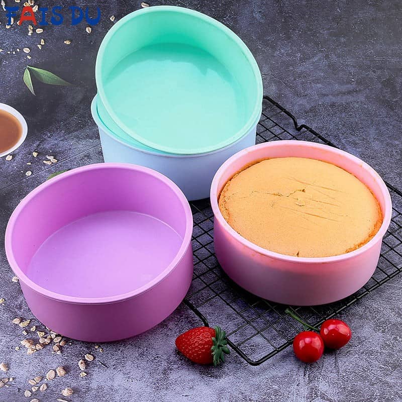 Silicone cake molds in pastel colors for baking and dessert decorating.