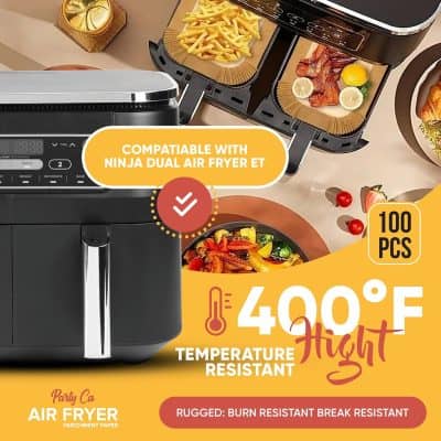 High-quality Ninja dual air fryer compatible with 40°F high temperature, featuring rugged, burn-resistant, and break-resistant parchment paper for optimal cooking and food safety.