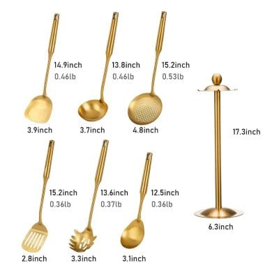 Golden kitchen utensil set with various ladles, spoons, and spatula, ideal for home and professional cooking. Durable, stylish, and functional cookware accessories for all culinary needs.