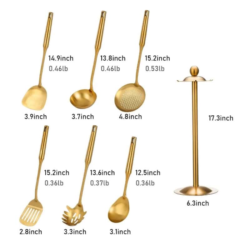 Golden kitchen utensil set with various ladles, spoons, and spatula, ideal for home and professional cooking. Durable, stylish, and functional cookware accessories for all culinary needs.