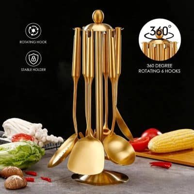 Gold kitchen utensil set with rotating hooks and sturdy holder for cooking or serving, 360-degree rotation, elegant design, ideal for modern kitchens.