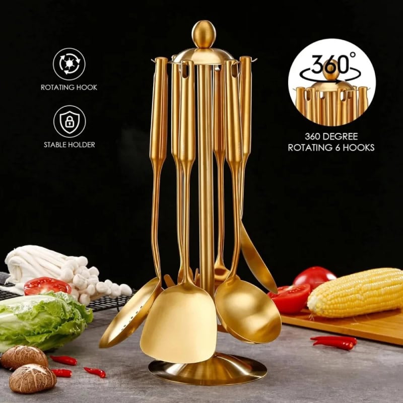 Gold kitchen utensil set with rotating hooks and sturdy holder for cooking or serving, 360-degree rotation, elegant design, ideal for modern kitchens.