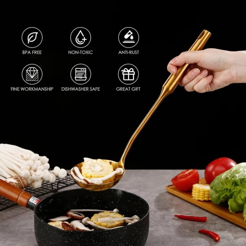 BPA free, non-toxic, anti-rust gold cooking ladle with fine craftsmanship and dishwasher safe design, perfect as a great gift, ideal for kitchen and food preparation, enhancing cooking experience.
