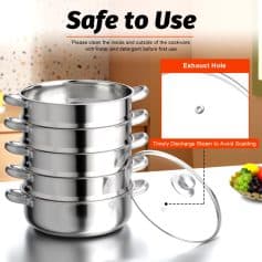 Stainless steel steamer set for kitchen, commercial cookware, and steaming food appliances.
